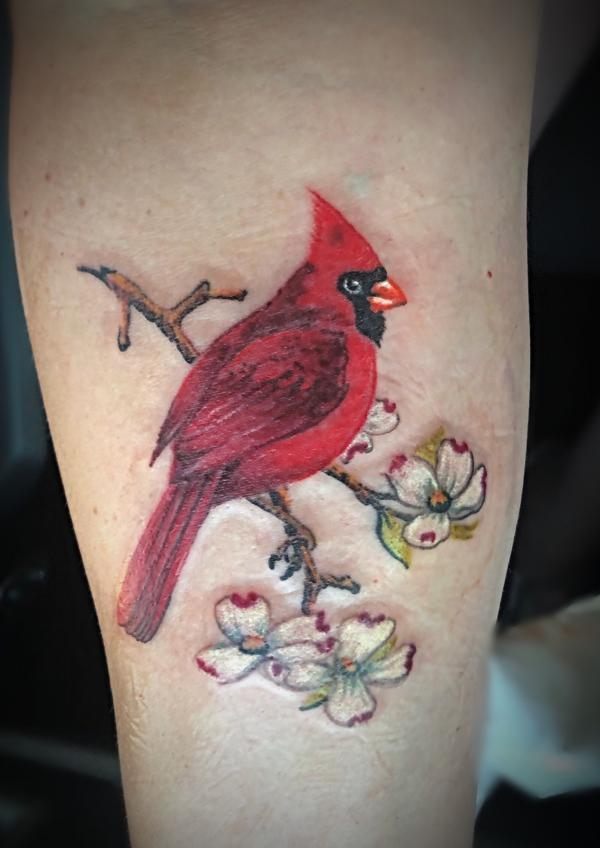 Single cardinal with flower tattoo on upper arm 1