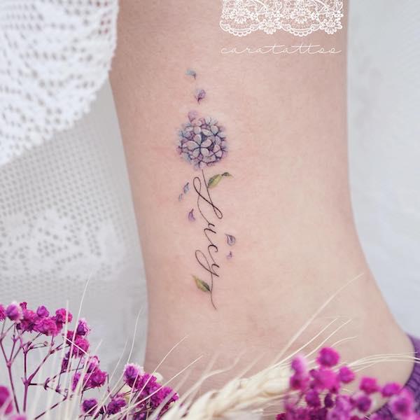 Small hydrangea tattoo on ankle