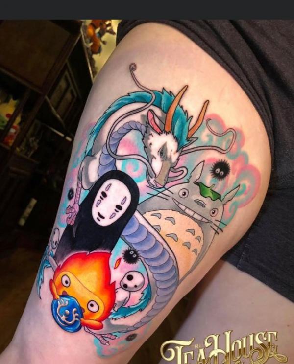 Studio ghibli with Calcifer thigh tattoo