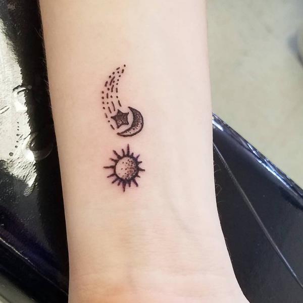 Sun and moon and shooting star semicolon tattoo