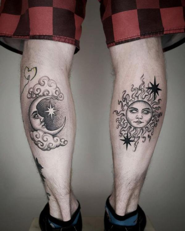 Sun and moon calf tattoo