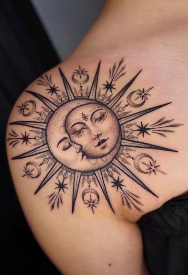 Sun and moon shoulder tattoo