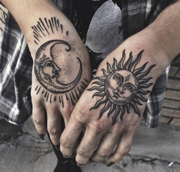 Sun and moon sketch hand tattoo