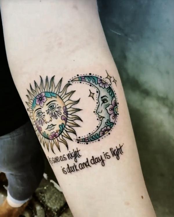 Sun and moon tattoo with quote as sure as night is dark and day is light