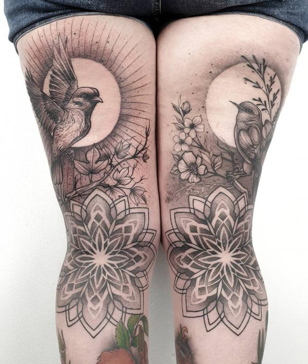Sun and moon with birds tattoo