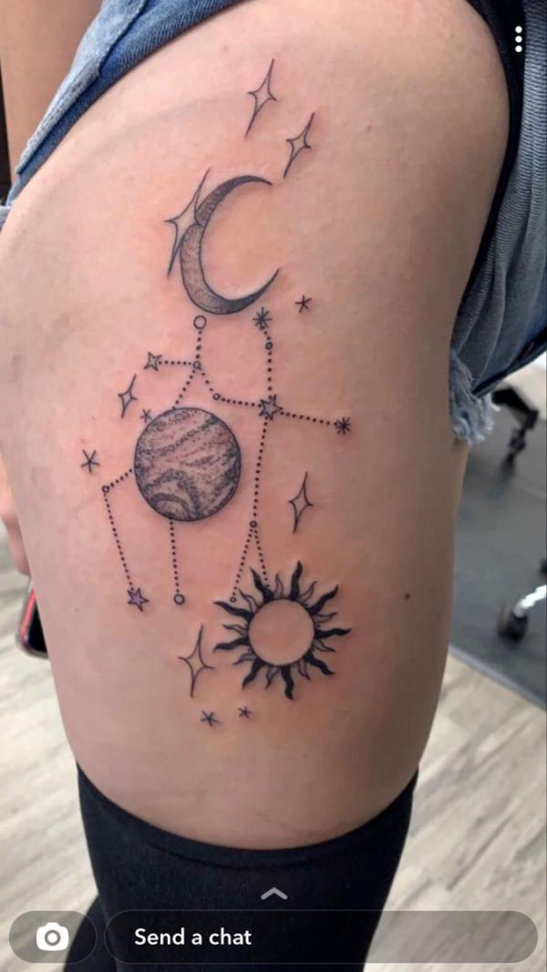 Sun earth and moon with Gemini constellation tattoo