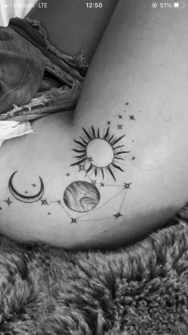 Sun earth and moon with Libra constellation tattoo