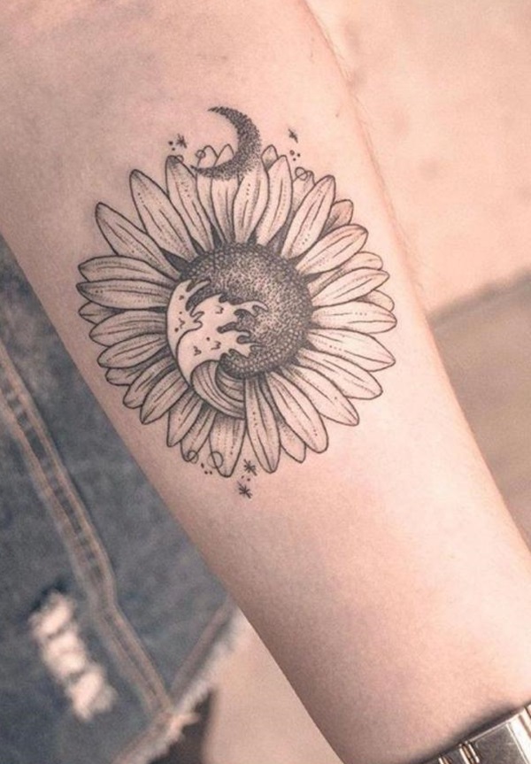 Sun flower and moon tattoo