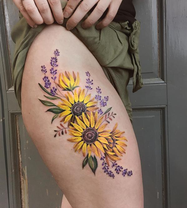 Sunflower and lavender thigh tattoo