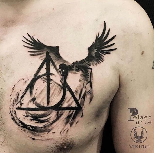 Thestrals and deathly hallows chest tattoo