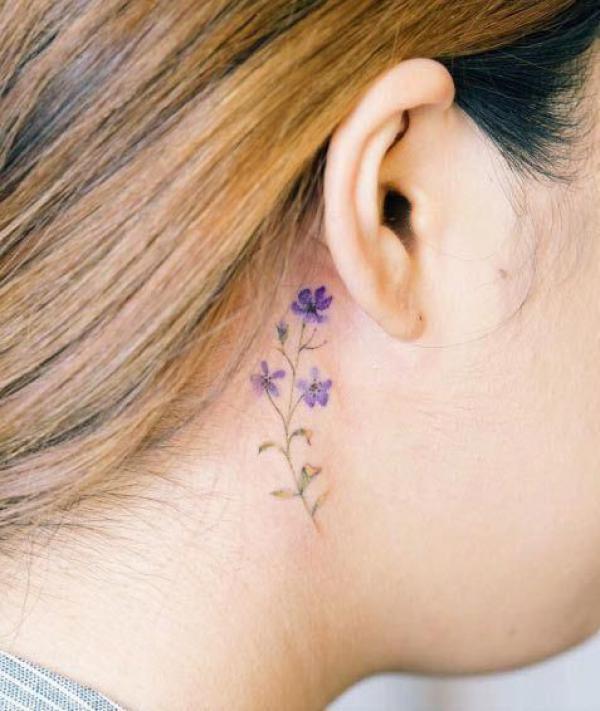 Tiny violet flowers behind ears