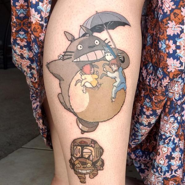 Totoro and Catbus side thigh tattoo