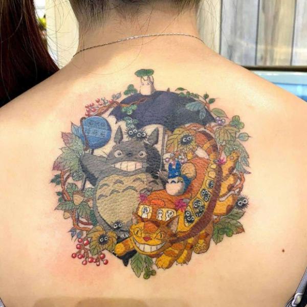 Totoro and Catbus with leaves back tattoo