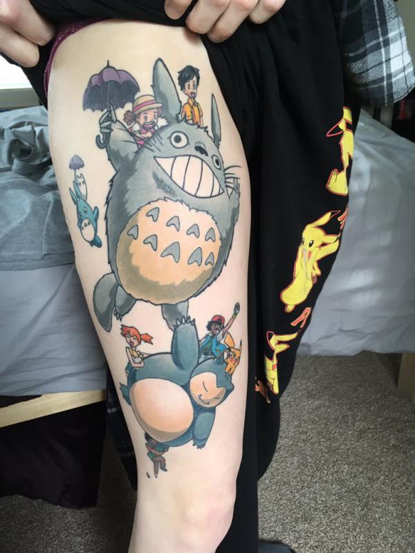 Totoro and Snorlax tattoo on thigh