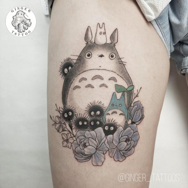 Totoro with Susuwatari and flowers thigh tattoo