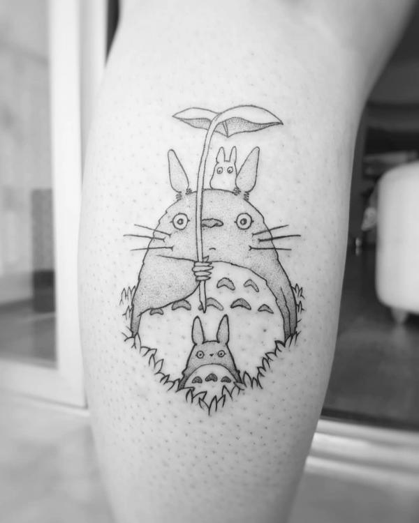 Totoro with leaf tattoo black and grey