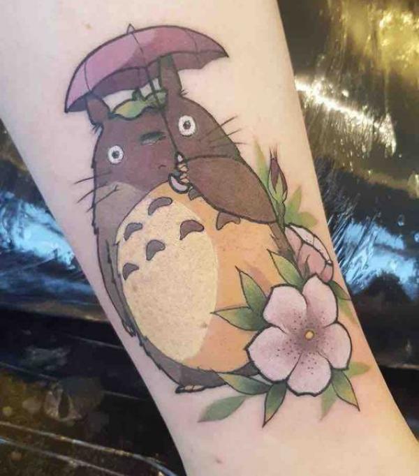 Totoro with umbrella and flower tattoo