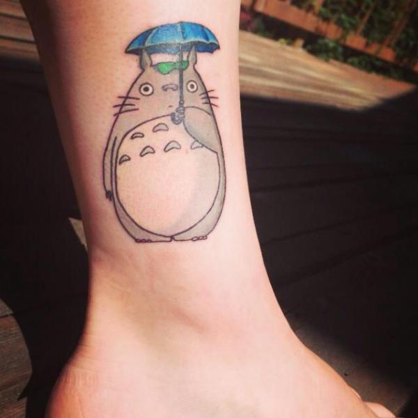 Totoro with umbrella ankle tattoo