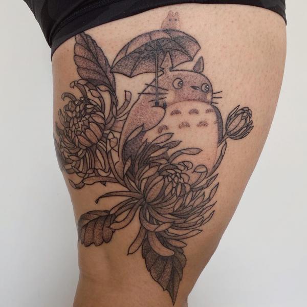 Totoro with umbrella in chrysanthemum tattoo