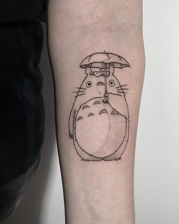 Totoro with umbrella inner forearm tattoo