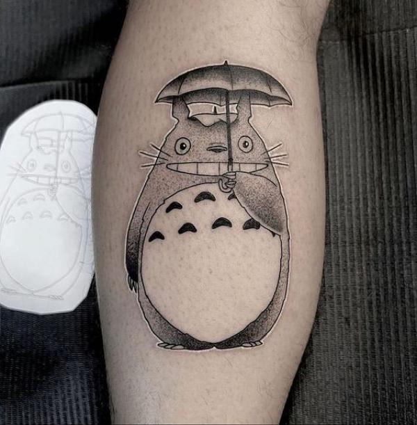 Totoro with umbrella tattoo black and grey