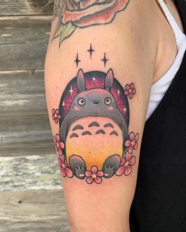 Traditional Totoro with flower and stars tattoo