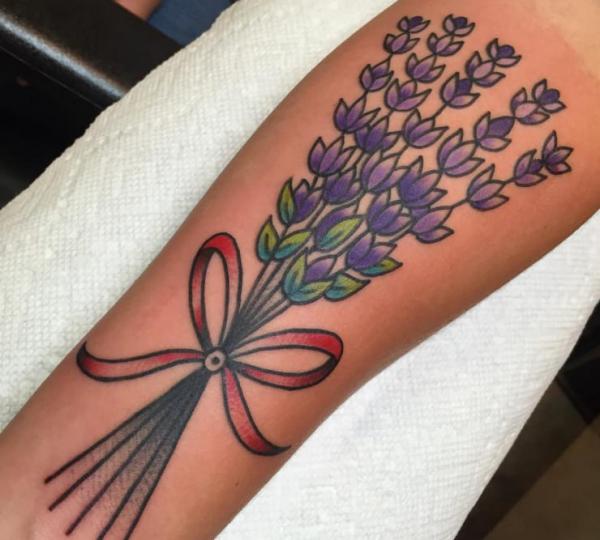 Traditional lavender with bow tattoo