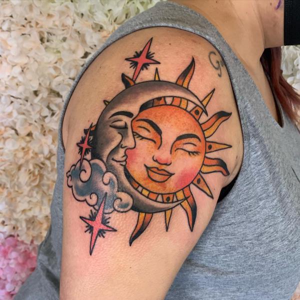 Traditional sun and moon face with cloud and stars tattoo