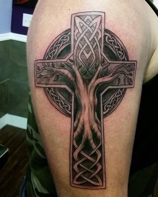 Tree of life Celtic cross upper arm tattoo 1