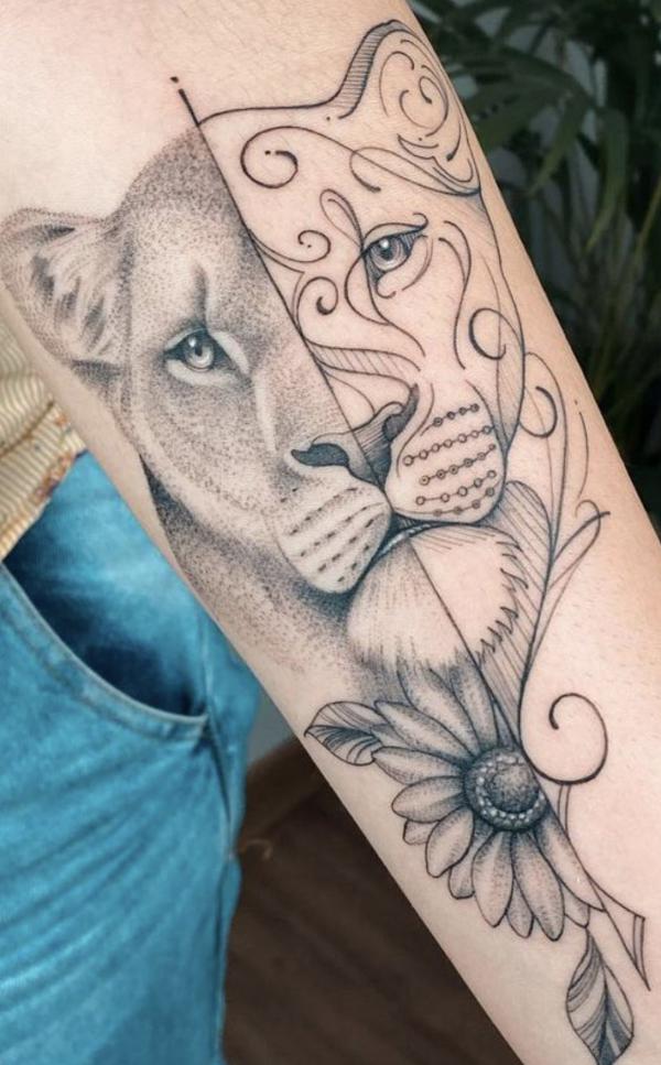 Two face Leo lioness with sunflower tattoo