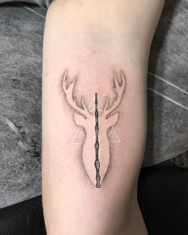 Wand patronus stag and deathly hallows tattoo