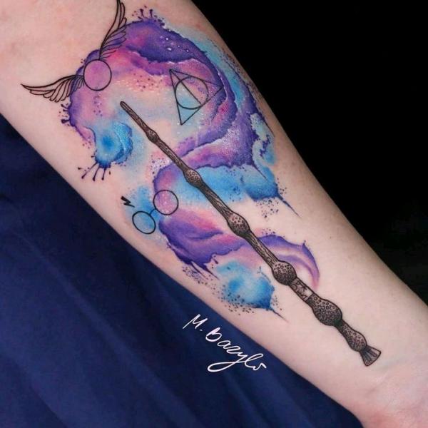 Wand with glasses Golden Snitch deathly hallows tattoo on watercolor backdrop