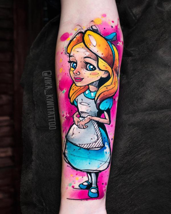 Watercolor Alice forearm tattoo