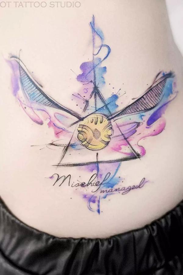 Watercolor Golden Snitch and deathly hallows tattoo with name
