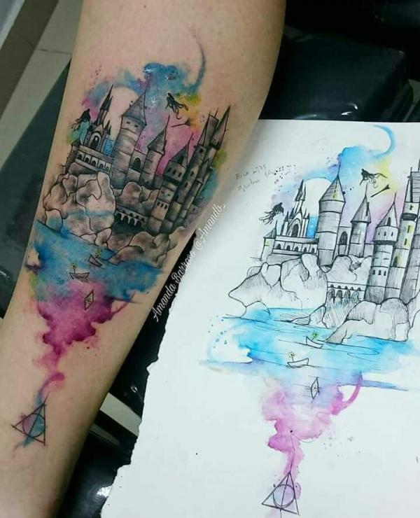 Watercolor Hogwarts School and deathly hallows tattoo