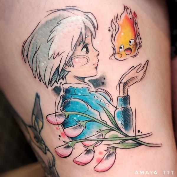 Watercolor Sophie catching calcifer tattoo