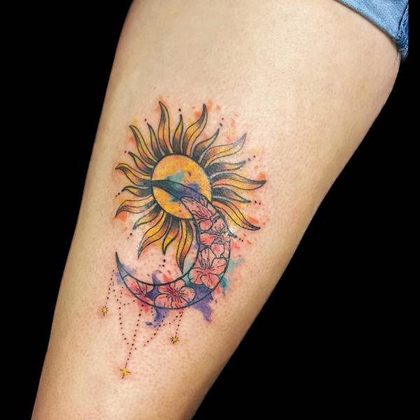 Watercolor Sun and moon tattoo