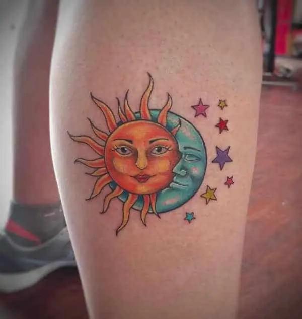 Watercolor Sun and moon with stars tattoo