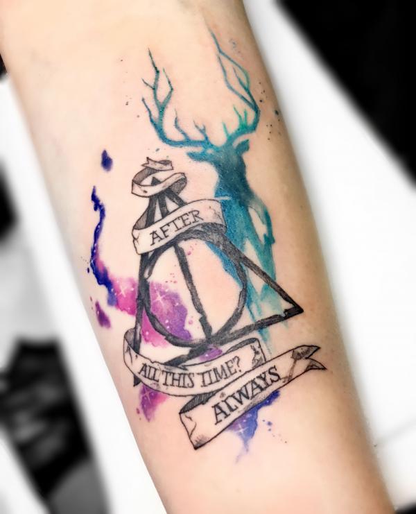 Watercolor deer and deathly hallows with words After All This Time Always
