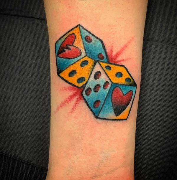 Watercolor dices with heart tattoo