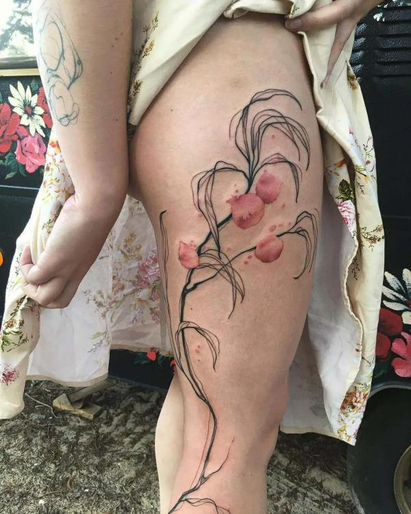 Watercolor peach leg tattoo