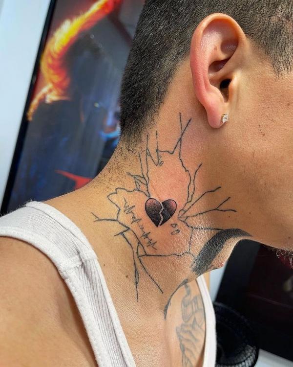 broken heart and heartbeat neck tattoo