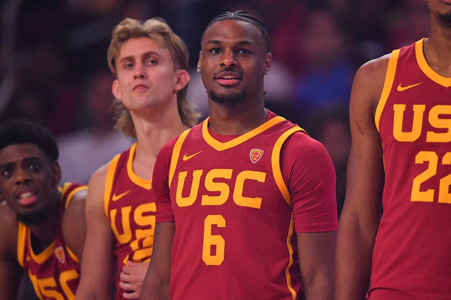USC Trojans guard Bronny James (6) looks on during Trojan HoopLA, a college basketball kickoff event featuring the USC Trojans, on October 19, 2023