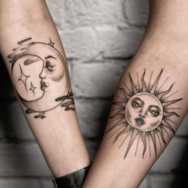 couple sun and moon with clouds and stars tattoo