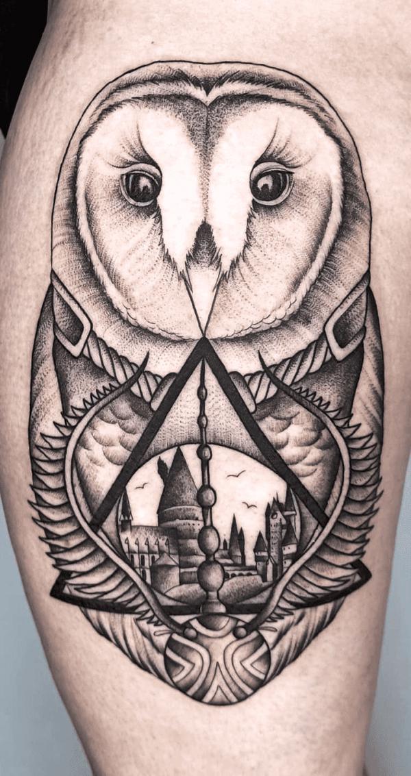 deathly hallows Hogwarts Golden Snitch and owl tattoo