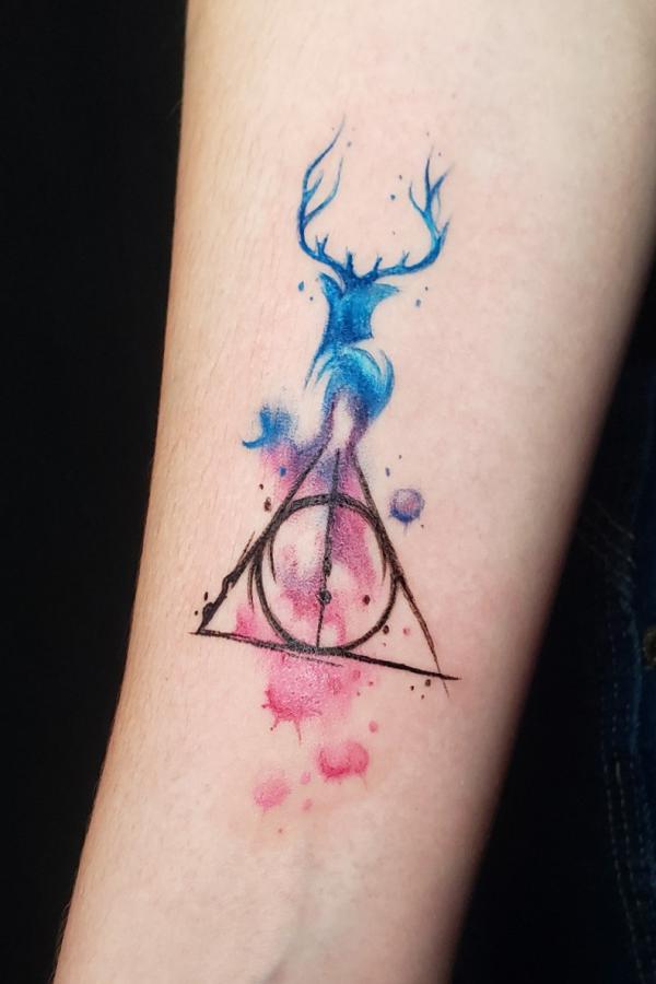 deathly hallows and patronus stag tattoo Watercolor