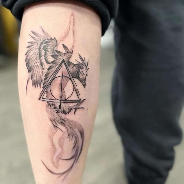 deathly hallows and phoenix tattoo black and grey