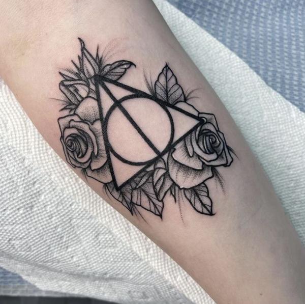 deathly hallows and roses tattoo black and grey