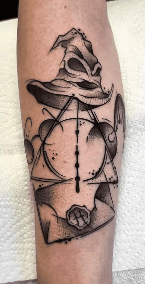 deathly hallows and the sorting hat with envelop tattoo