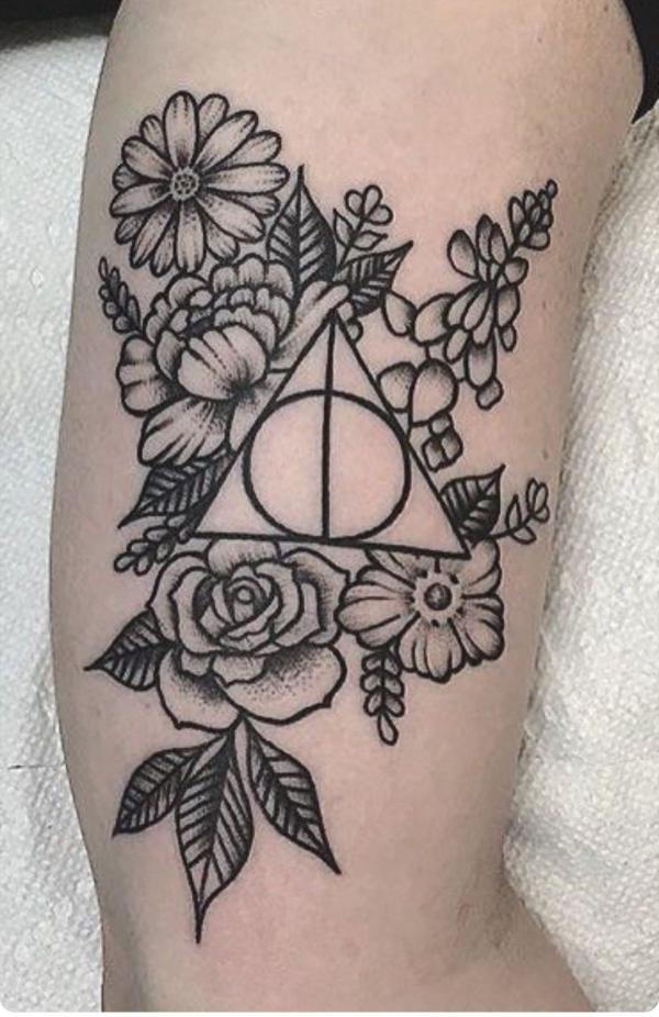 deathly hallows in flowers tattoo